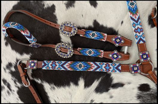 Showman Beaded Southwest Design 4 Piece Set - blue and white #2